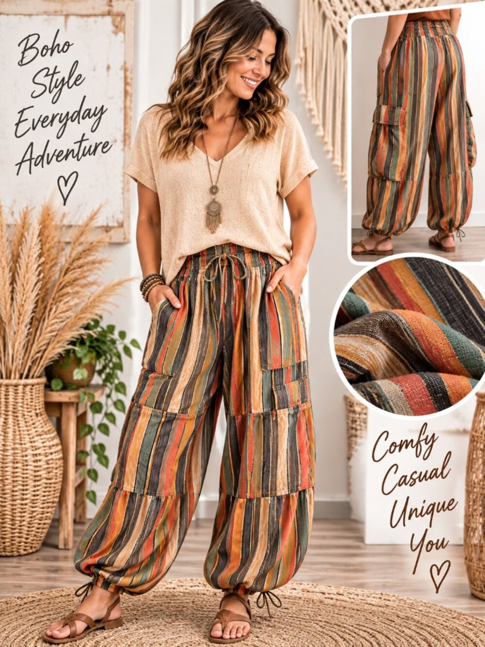 NWT Blue Velvet Boho Sunset Stripe Cargo Pants Wide Leg Medium